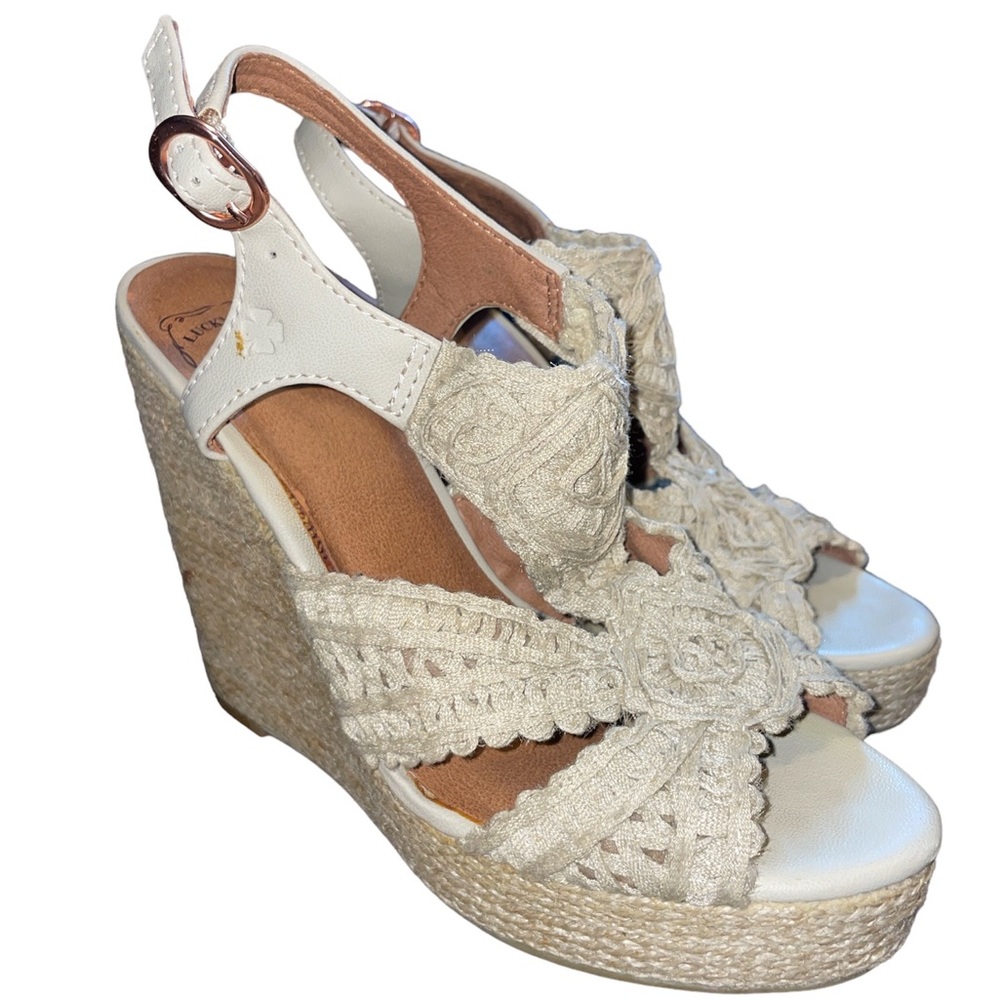 HP! Lucky Brand Cream Colored Lacy Wedge Sandals